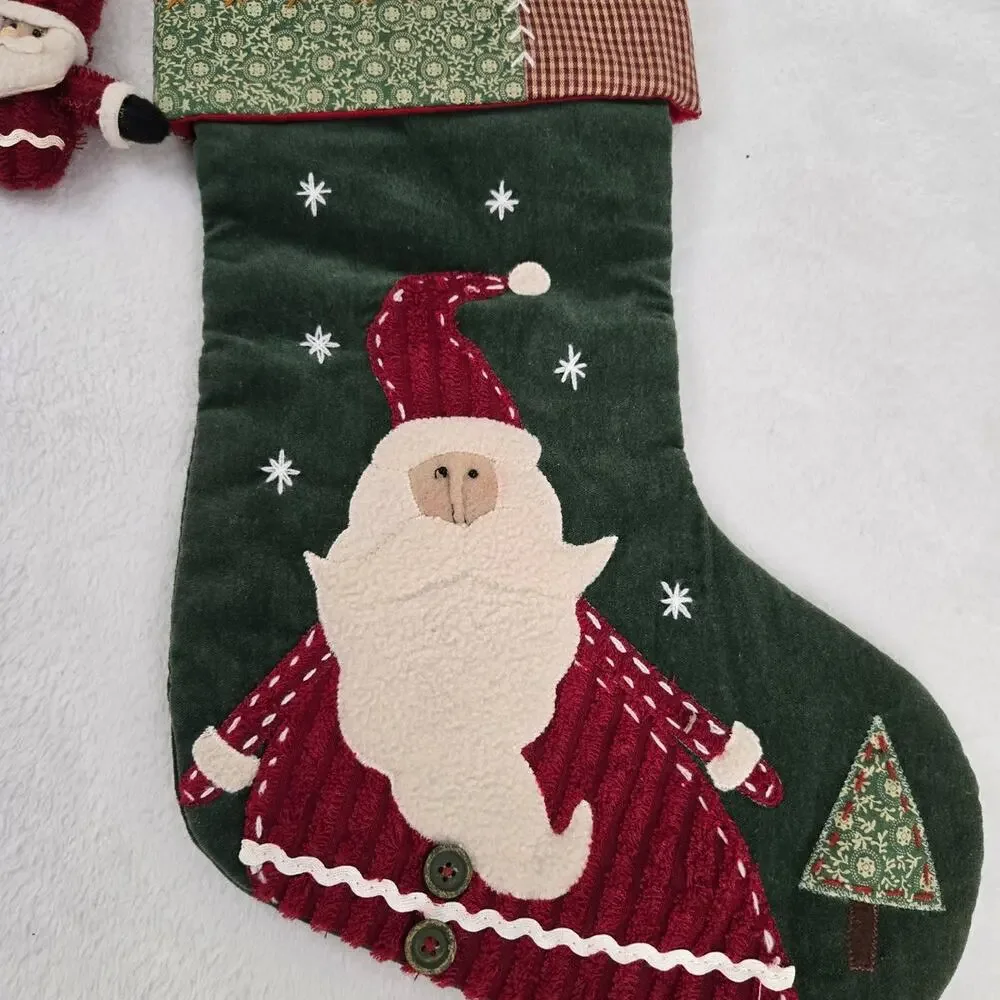Vintage Style Patchwork Santa Christmas Stocking with Plush Santa Charm
